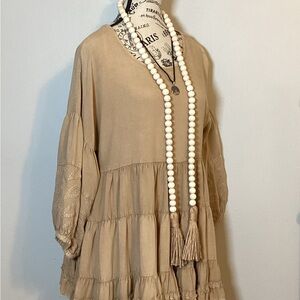 SOLITAIRE BOHO TUNIC TOP TIERED EMBROIDERED BALLOON SLEEVES Earth Tone size Med